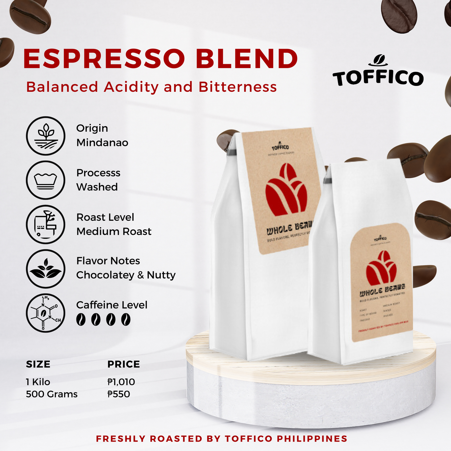 TOFFICO ESPRESSO BLEND COFFEE WHOLE BEANS 500g & 1kg